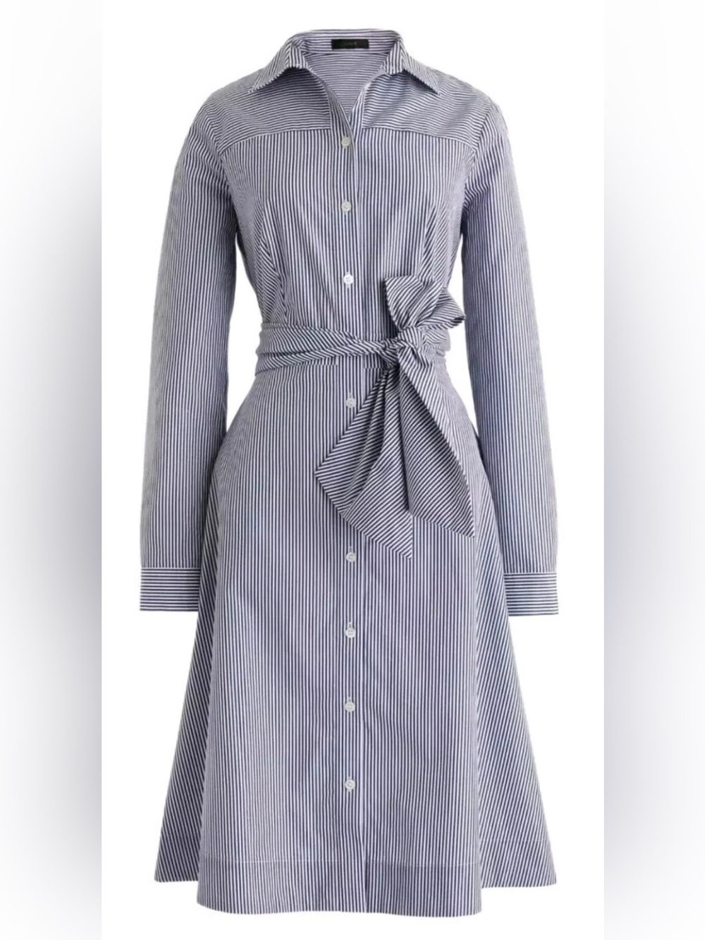 J. Crew Striped Shirt Dress Navy White Cotton Poplin Button Up Tie Belt Size 8